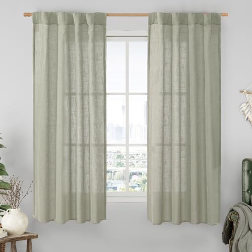 LAMIT Linen Curtains 63 Inch Length 2 Panels, Light Filtering Panels Back Tab and Rod Pocket Neutral Drapes for Bedroom/Window/Living Room, Sage Grey, 34 x 63 Inch