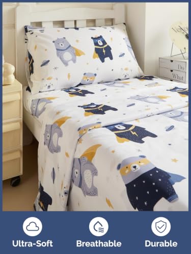 Image of Kids Twin Size Bear Bed Sheets - 3 Piece Kids Bear Sheet Set - Comic Hero Bedding - Ultra-Soft, Cute & Cozy - Breathable & Machine Washable - Wonderful Brave Bed Set for Boys, Girls, Teens & Toddlers