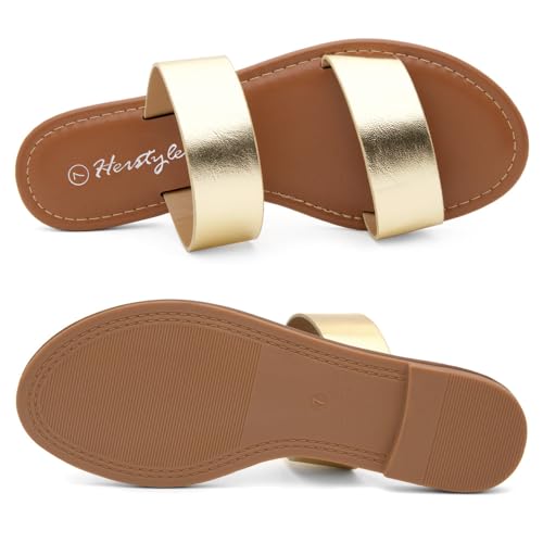 Image of Herstyle Flat Sandals for Women, Double Strap Slide Sandals, Open Toe Slip On, Comfortable Cushioned Footbed Casual Summer Shoes for Daily Wear, Beach, Vacation, Clear Options