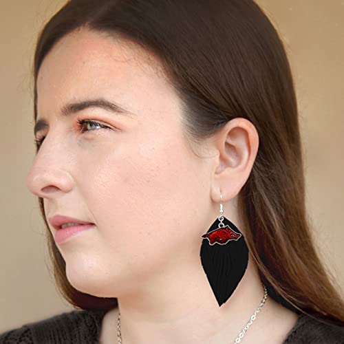 Arkansas Razorbacks Red Black Boho Leather Feather Wire Earrings Jewelry Gift UA2