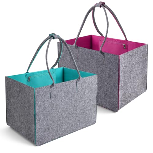 taonganui 2 Stück Filztasche Groß Faltbar Filztaschen Shopper 30L Filzkorb Einkaufskorb Filz Einkaufstasche Asche Tragetasche Filz Kaminholztasche zur Einkaufen Reisen Arbeit Picknick 40 X 27 X 27 cm