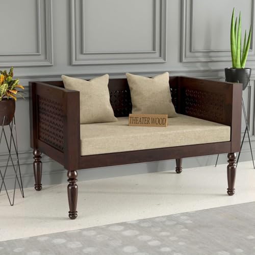 Image of Sheesham Wooden 2 Seater Sofa for Living Room | Rosewood Cushion Sofa | Solid Wood Sofa Set for Lounge (Walnut, 2 Seater)