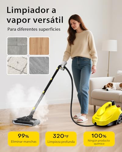 KROQO 1500W Dampfreiniger inklusive 24 Zubehörteilen mit 5m Kabel, chemiefreier Dampfbesen für Fliesen & Fugen, Kochfeld, Dunstabzugshaube, Sofa, Autopolster & Fenster