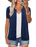 FreshNight Short Sleeve Cardigans for Women Summer Sweater Button Up Shirt Women Shrug Sweaters Workout Tops for Women Navy Blue XXL
