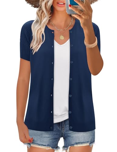 Image of FreshNight Women's 2025 Short Sleeve Cardigan Button Up Hollowed Out Crewneck Shrug Sweaters Knit Sweater Tops Lightweight