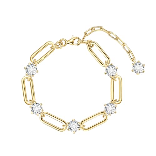 6-Stones Moissanite Link Bracelet, 6.5mm D Color VVS1 Moissanites 925 Sterling Silver Paperclip Link Bracelet, 6.1