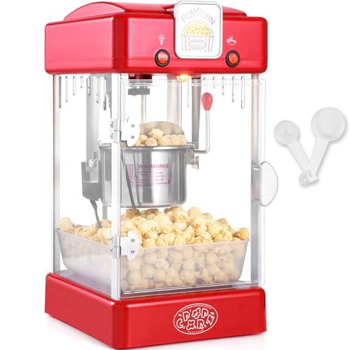 VEVOR Popcorn Maker, 300W Popcorn Popper Machine, 2.5 Oz Kettle Makes 4 QT per Batch, Tabletop Popcorn Maker with PP Door, Includes 2 Scoops and Tray, Movie Theater Style, Red