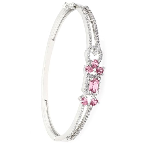 Image of ZENEME Rhodium-Plated American Diamond Studded Flower Patterned Kada Bracelet For Girls and Women