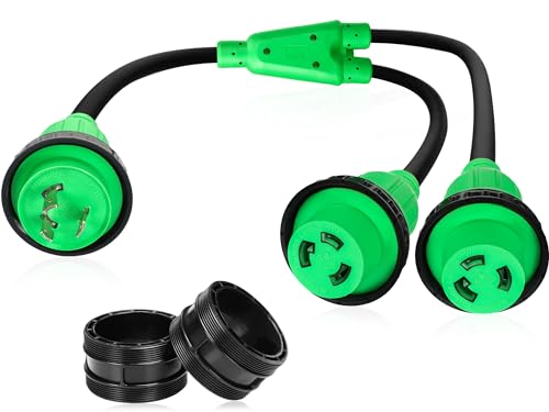 Kanayu 3FT RV Marine Boat Shore Power Adapter L5-30P Male 30A Plug to (2) 30A L5-30R Female, 30 Amp Y Splitter with Locking Ring and Collar(Green,Black)