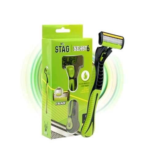 Mr. Stag Beast6 Blade Razor for Men – Shaving Razor with 2 Cartridges & 1 Handle | Aloe Vera & Vitamin E Strip | Stainless Steel Blades | Smooth & Comfortable Shave (Green, Pack of 1)