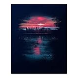 Beautiful Celestial Sky Art Print Cosmic Stars Space Lake Reflection Wilderness Trees Nature Lover at Night Wall Poster Row Boat on Water Illustration 8 x 10 inches