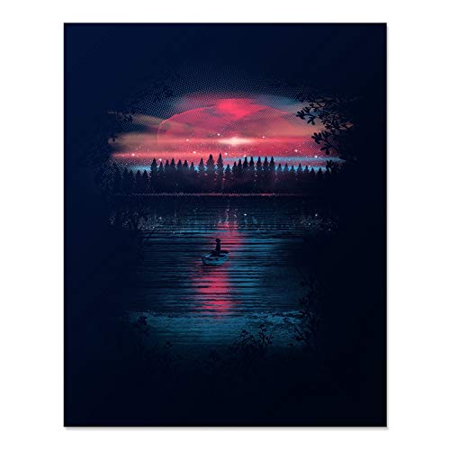 Beautiful Celestial Sky Art Print Cosmic Stars Space Lake Reflection Wilderness Trees Nature Lover at Night Wall Poster Row Boat on Water Illustration 8 x 10 inches