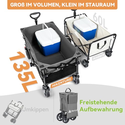 HIKENTURE Carro plegable de 135 l, carro plegable de 150 kg, carro de transporte plegable con Bremen, carro de mano plegable para camping, playa, carrito de la compra, color negro y gris - imagen 5