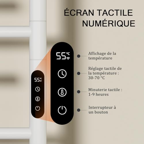 Porte-serviettes électrique pivotant mural avec programmateur connecté LED