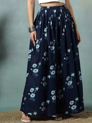 Image of Women's Floral Print Maxi Skirt, Maroon Red, 100% Pure Cotton, Elastic Waist, Full Length, Breathable Fabric