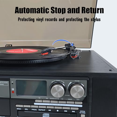 10 in 1 Vinyl Record Player 3 Speed Bluetooth Vintage Automatic Turntable CD Cassette Player AM/FM Radio USB Recorder Aux-in RCA Line-Out (Black) - Thumbnail 4
