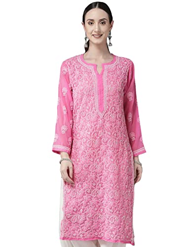 Ada Women’s Hand Embroidered Traditional Indian Chikankari Georgette Dark Pink Kurta/Kurti A411221 (XL)