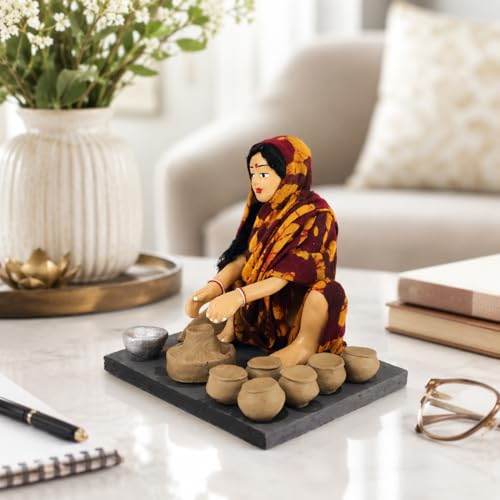 Image of Krishnanagar Handmade Clay Woman Potter Miniature Idol | Basic Terracotta Sitting Human Figurine | Traditional Indian Home Decor & Gift Showpiece