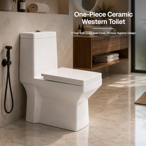 Image of KrissKross One-Piece Ceramic Western Toilet, P-Trap Soft-Close Seat Cover, Wash down flush, Rimless Hygienic Design, Compact Elongated Bowl, Floor-Mounted, White