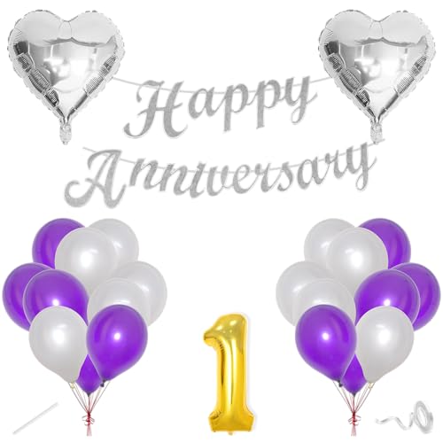 Image of Flyloons 1st Happy Anniversary Decoration Items Purple for Men Women Husband Wife Mom Dad Parent Couple Home Bedroom Car With 20 Pcs Metallic Balloons Anniversary Banner 2 Pcs Heart Set Kit
