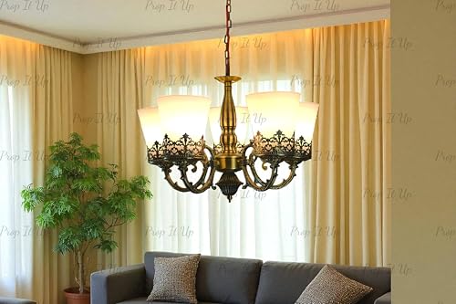 Image of Prop It Up Vintage 5-Light Chandelier with Frosted Glass Shades, Antique Brass Crown Design Chandelier for Hall, Chain Mount, Without Bulb