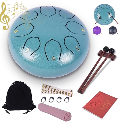 Heyfriday Steel Tongue Drum - 6 Inches 8 Notes Rain Drum - Metal Hand Pan Drum for Adults/Kids with Music Book, Handpan Mallets and Carry Bag, C Major...