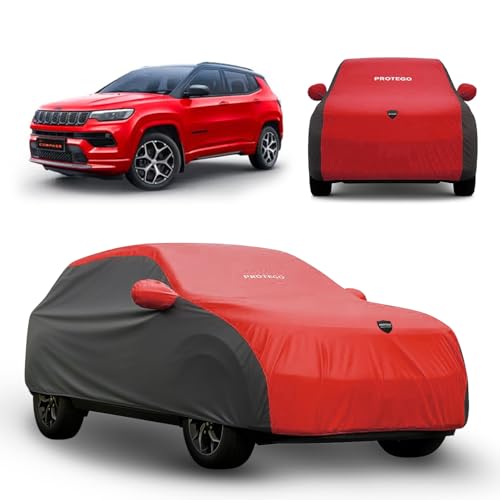 Image of PROTEGO Prime Series India's 1st Anti-Tear Car Cover for Jeep Compass | Heavy-Duty, Custom Fit, All Weather Protection | 100% Waterproof, Windproof & Hail Resistant | 2-Year Warranty | Red + Black