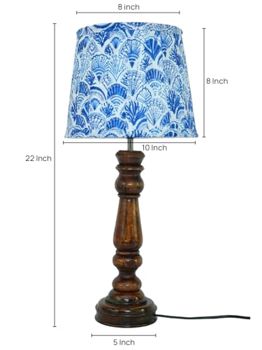 Image of Green Girgit Classic Wooden Lamp in Walnut Brown Color with Pleeted Multiolor Blue Feathers Shade, Vintage Wooden Table Lamp with Feather Print Shade, Decorative Light for Bedroom (LED Bulb Included)