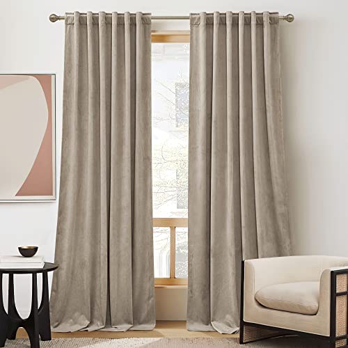 RYB Home Camel Beige Velvet Farmhouse Curtains, Darkening Privacy Shades as Window Treatment Thermal Curtains for Living Room Bedroom Dining Room, W52 x L84 inches, Set of 2