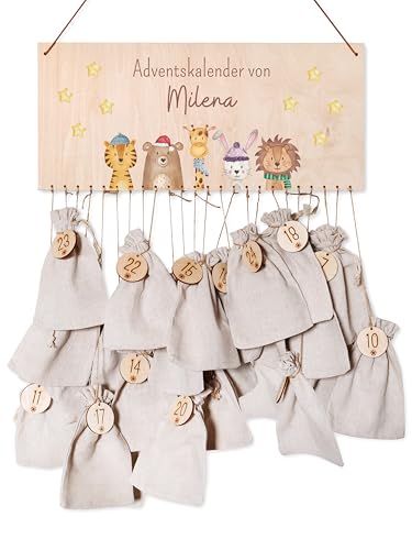 wunderwunsch® - Personalisierter Adventskalender zum selber befüllen - mit kinderfreundlichem Druck auf Holz - mit Juteschnur Jutesäckchen und Holzzahlen