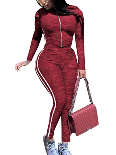 Womens Two Pieces Outfit Tracksuit Ruffles Shoulder Long Sleeve Casual Slim Fit Sweatsuit Set Wine