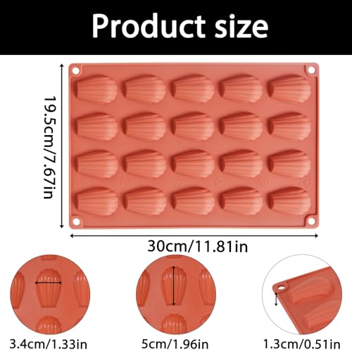 Fchil Silicone Madeleine Baking Mold, 20-Cavity Nonstick Shell Shaped Pan for Cake, Chocolate, Candy, Terracotta, 11.8 x 7.6 in