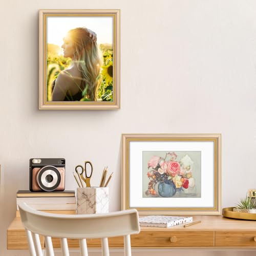 Image of Golden State Art,11x14 Ornate Picture Frame Holds 8x10 Photo,Champagne Gold | Includes real glass front,white mat,build-in hangers and buttons.Displays 8x10 photo on wall