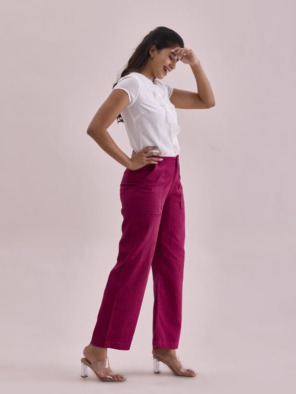 Image of GO COLORS Solid Linen Cargo Pants for Women | Full Length, Mid Rise, Side Pockets