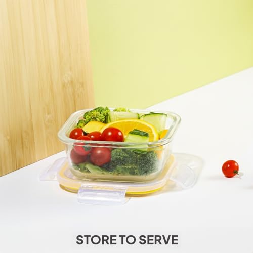 Image of CELLO Fit & Fresh Square Lunch Box Container For Daily Use 320 ml, Clear | Microwave & Fridge Safe Toughened Glass Airtight Leakproof Food Storage Tiffin Box Container For Kitchen, Travel & Office Use