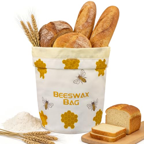 Sacs à pain réutilisables en cire d'abeille 43 cm x 33 cm, sacs de rangement en coton recouvert de cire d'abeille naturelle pour pain et pâtisseries faits maison avec fermeture à boucle (1 pièce)
