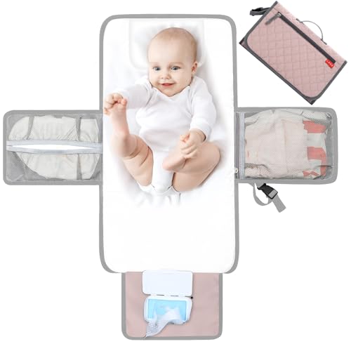 Lekebaby Tragbare Wickelunterlage, Baby Wickelunterlagen für Unterwegs mit 3 Fächern, Wasserdichte faltbare Wickelunterlage mit Tuchspender,Rosa
