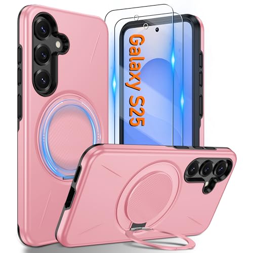 Gritup for Samsung Galaxy S25 Case [Compatible with MagSafe Accessories]:2 Pcs HD Screen Protectors,Built-in Kickstand,Dual Layer Shockproof,Camera Guard,Velvet Touch,S25-Pink - image 1