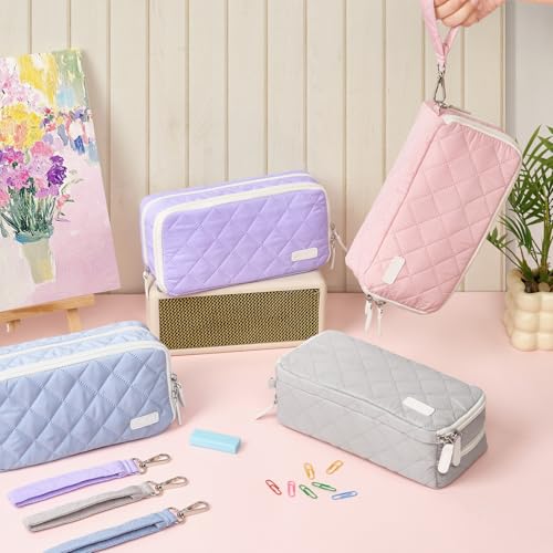 Image of Sooez Large Pencil Case Pouch, Extra Big Pencil Bag with 8 Compartments, Pen Bag Wide Opening, Soft Quilted Pencil Pouch Organizer with Zipper, Portable Pencil Case for Teen Girls, Rose Pink