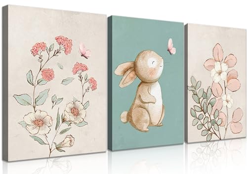 Image of Nursery Bunny Wall Art Cute Bunny Botanical Flowers Wall Decor Pink Green Nursery Pictures Posters Girl Bedroom Canvas Prints gifts for Baby Boys and Girls Playroom paintings(12x16in)
