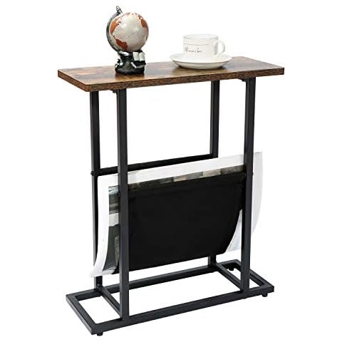 HOME BI Retro Narrow Side Table, H Shaped Sofa Slim Side End Table, Wood & Metal End Table with Magazine Holder, Industrial magazine tables for Living Room,Bedroom, 17.72x7.08x21.1 in (Rustic Brown) Cover