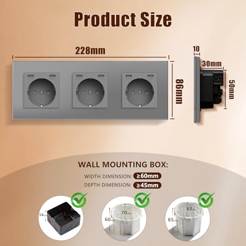 BSEED Steckdose mit USB C(5 V 2.1A),Unterputz Steckdose (Typ C und Typ C),16A 250V 3 Fach Wandsteckdose,2*USB C Einbausteckdose Geeignet f&uuml;r Phone,Pad-228mm*86mm,Grau