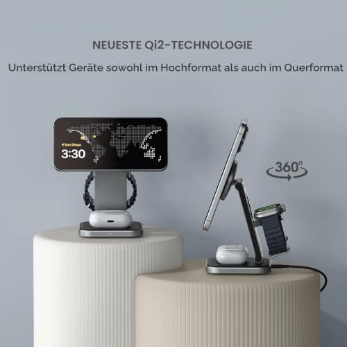 SATECHI 3-in-1 Qi2 Kabellose Ladestation, 15W Magnetisches Laden – Ansicht 3