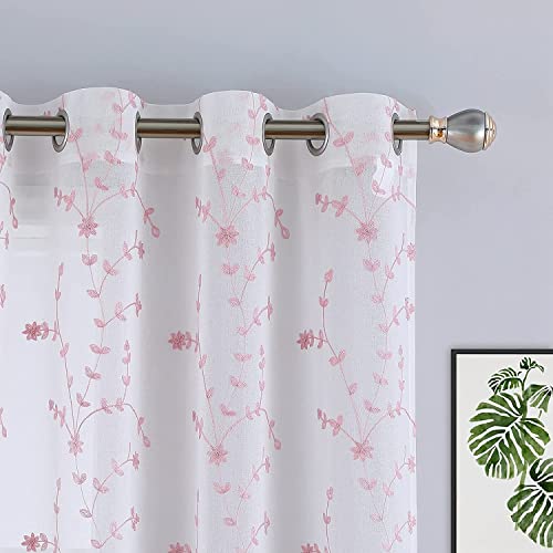 SLOW SOUL 2er Set Gardinen Mit Blumenstickerei - Landhaus Vorhänge 132x160cm Weiß