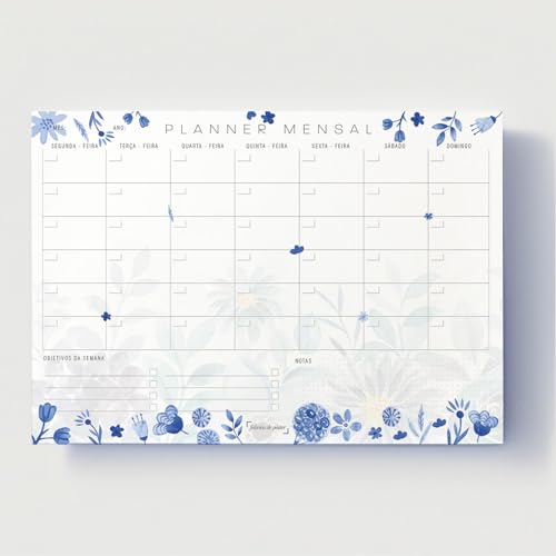 Planner Agenda Mensal Floral Azul - 50 folhas - tamanho A4