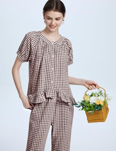 Flygo Womens Plaid 2 Piece Pajamas Sets Gingham Button Down Puff Sleeve Babydoll Shirt Ruffle Pants Y2K Pjs Lounge Set