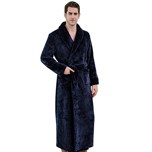 SUIE Roupão de banho masculino longo luxuoso de flanela longa roupão de spa azul marinho, GG, Azul m