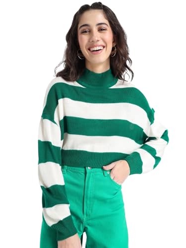 Image of Bewakoof Women's Striped Oversized Fit Full Sleeve Round Neck Acrylic Sweater