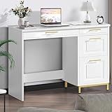 4 EVER WINNER White Desk with Drawers and Golden Handle, 43 Inch Small Desk with 4 Storage Drawers, Computer Desk with Storage Shelves for Home Office, White and Gold