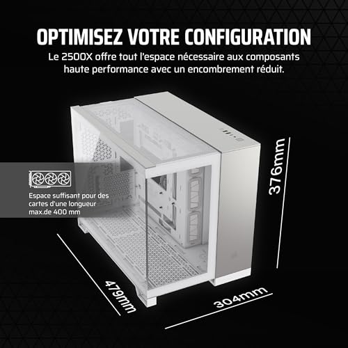 CORSAIR 2500X Boîtier Petit Tour mATX à Double Chambre – Verre Trempé Panoramique - Connexion Inversée Compatible avec la Carte Mère – Pas de Ventilateurs Inclus – Blanc/Gris Satiné Aluminium